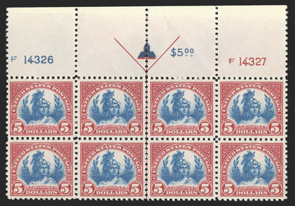 573, $5.00 Carmine and blue, a highly desirable full top margin arrow and plate nos. F14326, F14327 block of eight, with extra-large selvage, exceedingly well centered,
wonderfully bright and fresh, o.g., n.h., extremely fine a most attractive