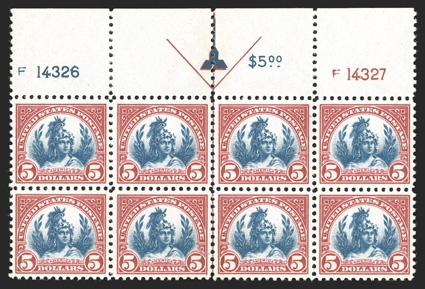 573, $5.00 Carmine and blue, handsome full top margin arrow and plate nos. F14326, F14327 block of eight, possessing near perfect centering throughout the entire plate block,
plus its colors are particularly fresh and intense, o.g., faintest sug