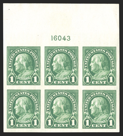 575-77, 1c-2c Regular issue imperforates cplt., beautifully matched set of choice full top margin plate no. blocks of six, each with extravagantly wide even margins all around,
post office fresh, o.g., n.h., extremely fine and eye-catching.