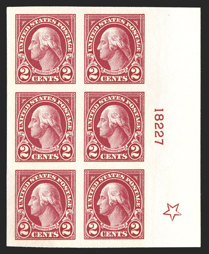 577, 2c Carmine imperforate, right margin large five-point star and plate no. 18227 block of six, boasting extravagantly wide margins all around, luxuriant deep color on crisp
white paper, o.g., n.h., extremely fine a gem plate block in every r