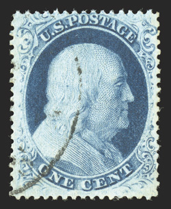 21, 1c Blue, Ty. III, strong rich color and a crisp impression on bright white paper, lightly cancelled, a fine example of this scarce stamp 2001 PF certificate.