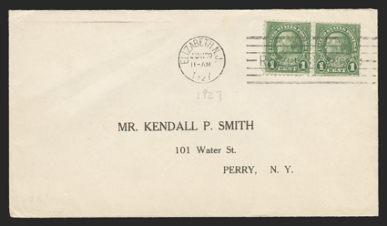 578, 1c Green coil waste, horizontal pair tied by Elizabeth, N.J. machine cancel on cover with printed address to Perry, N.Y., stamps are bright and fresh with fine centering
to find a pair of this coil waste stamp on cover is actually quite ra