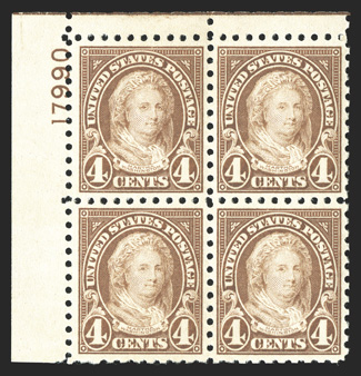 585, 4c Yellow brown, top left corner margin plate no. 17990 block of four, extraordinarily well centered throughout, o.g., very lightly hinged, extremely
fine.
