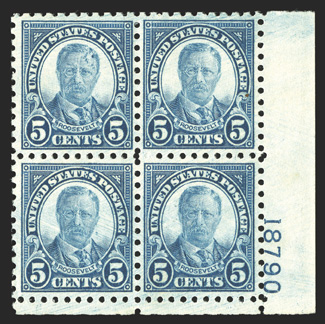 586, 5c Blue, bottom right corner margin plate no. 18790 block of four, precisely centered, bright and fresh, o.g., very lightly hinged, extremely fine.