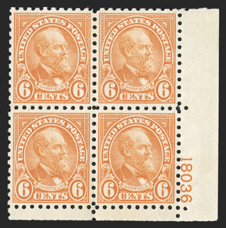 587, 6c Red orange, bottom right corner margin plate no. 18036 block of four, extraordinarily well centered throughout, each stamp being precisely centered amid equal margins,
bright and fresh, o.g., n.h., top left stamp with a small stained spo