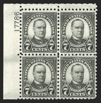 588, 7c Black, top left corner margin plate no. 17786 block of four, exceptionally well centered throughout, rich color on fresh paper, o.g., l.h., bottom stamps n.h.,
extremely fine.