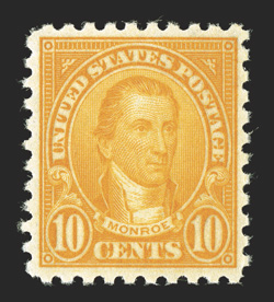 591, 10c Orange, incredibly well centered within large balanced margins, radiant color, o.g., n.h., an extremely fine gem 1999 PF certificate for a block of four, this being
the top left stamp.