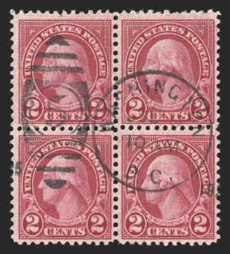 595, 2c Carmine coil waste, a very rare used block of four, wonderfully well centered for a multiple of this challenging coil waste issue, deep rich color on fresh white paper,
strong and intact perforations all around, neat 1926 Washington, D.C