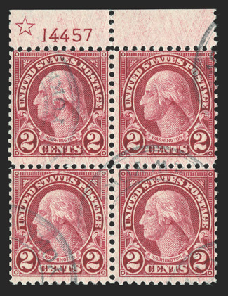 595, 2c Carmine coil waste, top margin star and plate no. 14457 used block of four, rich color on fresh paper, crisp and intact, neat double circle town cancels, fine probably
the only used 595 plate block extant.