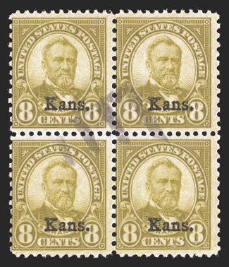 658-68, 1c-10c Kans. ovpts. cplt., scarce used blocks of four, lightly cancelled, mostly well centered, fresh and intact, perf. touch 8c, others fine-very
fine.