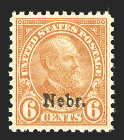 675, 6c Nebr. ovpt., remarkably well centered within uncharacteristically large margins for this, deep rich color, o.g., n.h., extremely fine a large-margined gem 2000 PF
certificate.