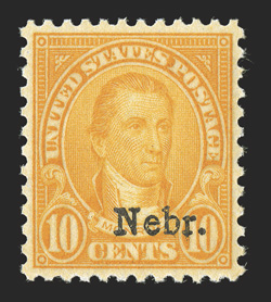 679, 10c Nebr. ovpt., excellent centering, brilliant color, o.g., n.h., extremely fine 2009 PSE certificate (XF 90 SMQ $325.00).