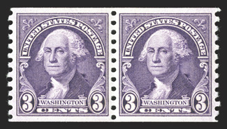 721, 3c Deep violet, a superb mint pair, perfectly centered, intensely rich color and a razor-sharp impression, o.g., n.h., extremely fine gem 2009 PSE certificate (Gem 100 SMQ
$500.00) one of only four pair to reach this exalted grade.