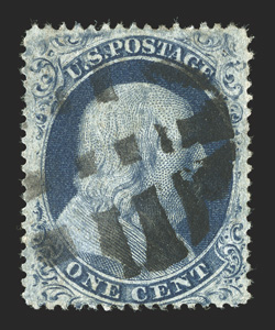22, 1c Blue, Ty. IIIa, fresh used example showing a wide break at the top, nicely centered, segmented cork cancel, very fine.