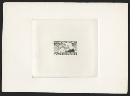 956P1a, 3c Four Chaplains, large die proof on wove paper, die sunk on large card measuring 192x139mm, Bureau handstamp on the reverse reading Engravers Stock ProofAuthorized by
and initialed, probably pulled for M.D. Fenton, the vignette eng