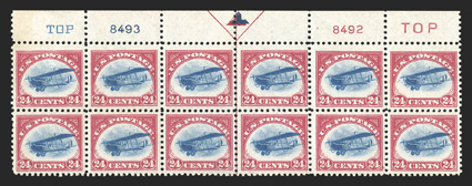 C3, 24c Carmine rose and blue, top margin arrow, two TOP and plate nos. 8493, 8492 block of twelve, bright colors, o.g., n.h., a couple mild gum bends as usual, fifth stamp in
bottom row with natural paper inclusion, fine-very fine clear 2002