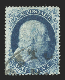 22, 1c Blue, Ty. IIIa, attractive used example showing a wide break at top, nicely centered, unobtrusive town cancel, very fine.