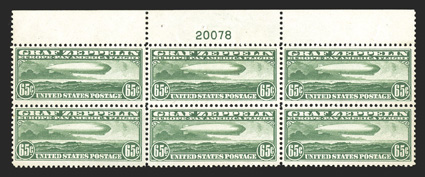 C13, 65c Graf Zeppelin, top margin plate no. 20078 block of six, strong color, nicely centered, o.g., l.h., a few reinforced perfs. in the top selvage, very
fine.