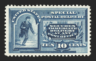 E2, 10c Blue, uncharacteristically well centered within large margins, rich color and a detailed impression, o.g., lightly hinged, extremely fine 2007 PF certificate and a 2008
PSE certificate (XF 90 OGph SMQ $760.00).