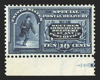 E5, 10c Blue, bottom margin partial imprint single, intense color in a dark shade, nicely centered, o.g., n.h., very fine 2008 PSE certificate.