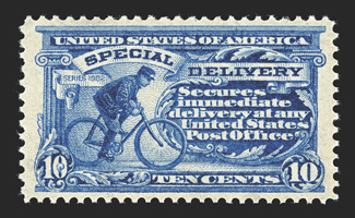 E6, 10c Ultramarine, especially well centered within wide margins, brilliantly rich color and an unusually strong impression, o.g., n.h., an extremely fine example of the most
difficult special delivery stamp to find in premium quality 2008 PSE