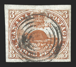 1, 1851 3p Red on laid paper, attractive used example, with four large to extra-large margins, bright color and a crisp impression, target cancel, extremely fine 1996 Brandon
certificate (Unitrade C$1,600.00).