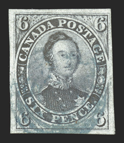 2b, 1851 6p Grayish purple on laid paper, large margins all around, rich color and a well incised impression, light blue cancel, extremely fine and choice 1988 Brandon
certificate (Unitrade C$2,500.00).