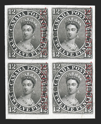 Unitrade 3Pi, 1851 12p Black, plate proof on India with carmine Specimen overprint, a very rare block of four, large margins all around, intense color and impression, light
pencil position numbers on reverse (LP 85-8695-96), extremely fine v