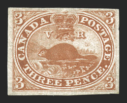 4, 1852 3p Red on medium wove paper, rare mint single showing a minor re-entry (Pane B, position 53), full to mostly large margins all around, brilliantly rich color, full
original gum, very fine 1989 APS certificate and a 2006 Brandon certific