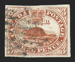 4c, 1852 3p Red on ribbed soft paper, used, full margins all around, lovely rich color and a strong impression, light grid cancel, very fine 1995 Brandon certificate (S.G. 22)
(Unitrade C$750.00).