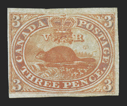 4d, 1852 3p Red on thin paper, the accompanying Greene certificate states this is 4d though we feel it should be classified as the thin oily paper (4iv), scarce mint single,
three large margins, close but clears at left, full original gum, ver