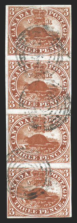 Unitrade 4i, 3p Deep red on medium wove paper, handsome vertical strip of four with clear to large margins virtually all around, most impressive is the sumptuous deep color of
this strip and its strong exceptionally sharp impression, light black