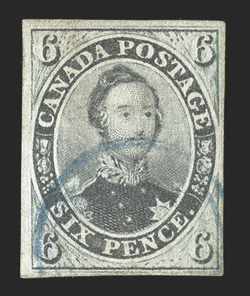 5b, 1855 6p Greenish gray on wove paper, used, full to large margins around, rich color and a strong impression, light blue cancel, very fine 1985 RPS certificate (Unitrade
C$2,000.00).