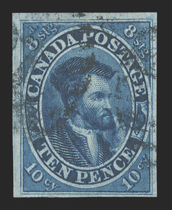 7, 1855 10p Blue on thin paper, attractive used single, with four full to large margins, deep luxuriant color and a superbly detailed impression, light cancel, very fine 1991
Greene Foundation and 1999 Brandon certificates (Unitrade C$2,500.00)
