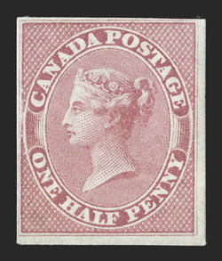 8, 1857 ½p Rose, pristine mint single, with beautiful rich color and an excellent clarity of impression, four ample to large margins, full original gum that is never hinged, we
mention a small gum skip and tiny gum bend only for strict accur
