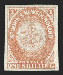 15, 1857 1- Orange, an impressive example of this incredibly rare unused stamp, possessing margins of exceptional size and being nicely balanced as well, bright color, light
ironed out horizontal crease, otherwise extremely fine one of the m