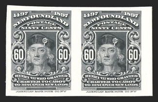 Unitrade 61P-74P, 1897 1c-60c Discovery of Newfoundland, plate proofs on card cplt. in horizontal pairs except the 24c and 35c values in vertical pair, large margins, very
fine.