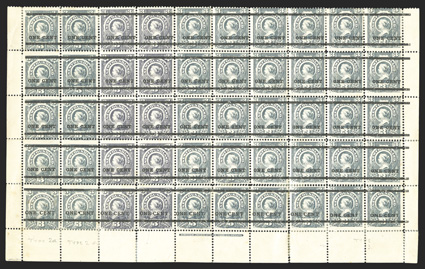 75-77, 1897 1c on 3c Gray, half sheet of fifty stamps, comprising the bottom five rows, this represents the entire setting of fifty stamps, the top four rows being Type A, the
first eight stamps on the bottom row Type B, and the last two stamps