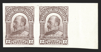 96a, 1910 12c Lilac brown, imperforate, right sheet-margin horizontal pair, other margins large, o.g., n.h., extremely fine (Unitrade C$1,000.00).