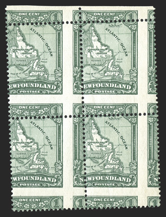 145 var., 1928 1c Green, with badly misaligned perforations, block of four with the perforations through the stamps in both directions, o.g., n.h., natural gum crease, fine one
of the more dramatic freaks of these stamps available 2005 Gratton