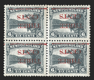 160a, 1929 THREE CENTS surcharge on 6c Gray black, inverted surcharge, block of four, fresh color, o.g., top stamps faintly hinged, bottom stamps never hinged, there is the
barest trace of gum toning in a few places, very fine as only 75 copi