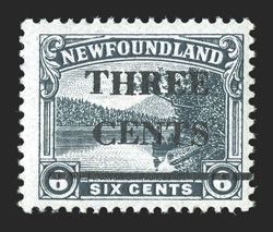 Unitrade 160ii, 1929 THREE CENTS black trial surcharge on 6c Gray black, Type II, especially bright and fresh, pristine o.g., never hinged, a fine example of this rare trial
printing only 50 were printed 2009 Sismondo certificate footnoted