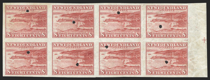 Unitrade 259ii, 1941 8c Red, imperforate with security punch, right margin block of eight, large margins, bright color, o.g., n.h., light pencil note on one stamp, very
fine.