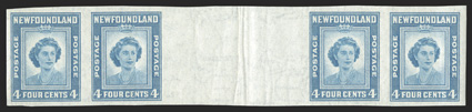 269a var., 1947 4c Light blue, imperforate gutter strip of four, bright and fresh, o.g., n.h., vertical crease through the middle of the gutter as always, very fine not listed
in Unitrade as a gutter strip imperforate just the two normal imper