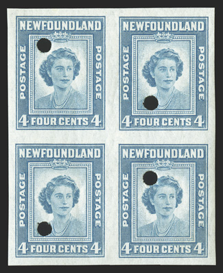 Unitrade 269v, 1947 4c Princess Elizabeth, imperforate with security punch, block of four with large even margins all around, bright and fresh, o.g., n.h., light pencil note on
one stamp, choice very fine.