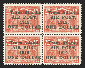 C2, 1919 $1.00 Air post surcharge on 15c Scarlet, mint block of four, being positions 1-26-7, bright color, top stamps lightly hinged, bottom stamps never hinged, very fine
2003 Sismondo certificate (Unitrade C$2,400.00+).