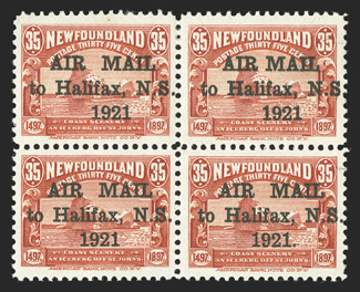 C3, b, d, j, 1921 35c Red Halifax air post, block of four, top right stamp with 1 below f variety, top right stamp with 1½mm spacing and 1 below f variety, bottom right stamp
with period after 1921, exceptionally well centered and marg