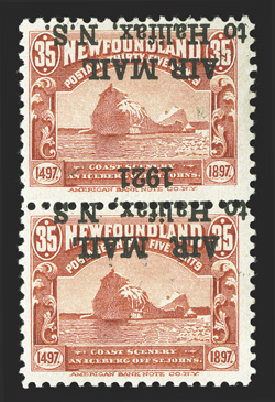 C3a, i, 1921 35c Red Halifax air post, inverted overprint, vertical pair, being overprint positions 1 and 6 in the setting, the top stamp with the 1½mm spacing and a period
after 1921, the bottom stamp with the normal 2¾mm spacing, quite fresh