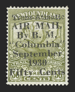 C5, 1930 50c on 36c Olive green Columbia Flight overprint, position 1, strong rich color on fresh white paper, full o.g., lightly hinged, fine a desirable example of this rare
air post stamp, of which only 300 were printed light owners hand