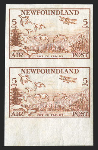 C13a, 1933 5c Light brown air post, imperforate, bottom margin vertical pair, bright and fresh, o.g., n.h., tiny thin in the far bottom margin only, very fine (Unitrade
C$560.00).